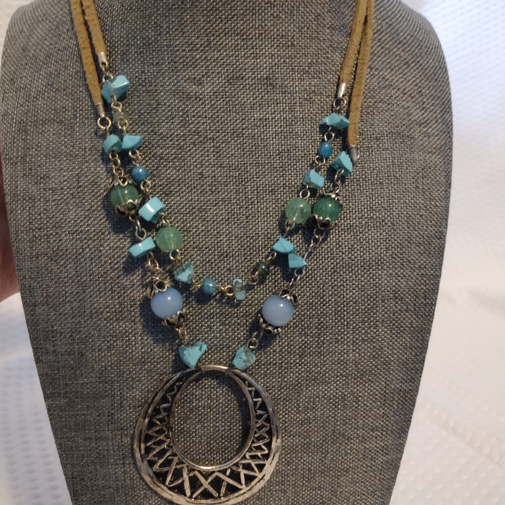 Vintage Vicki Jousan Stamped Silver and Blue Beaded Necklace On Suede